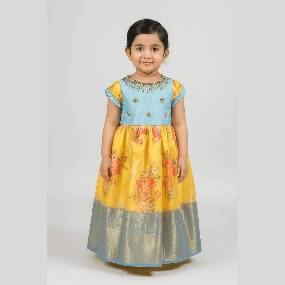 Yellow Blue Digital Satin AARI Ethnic Party Gown PG276